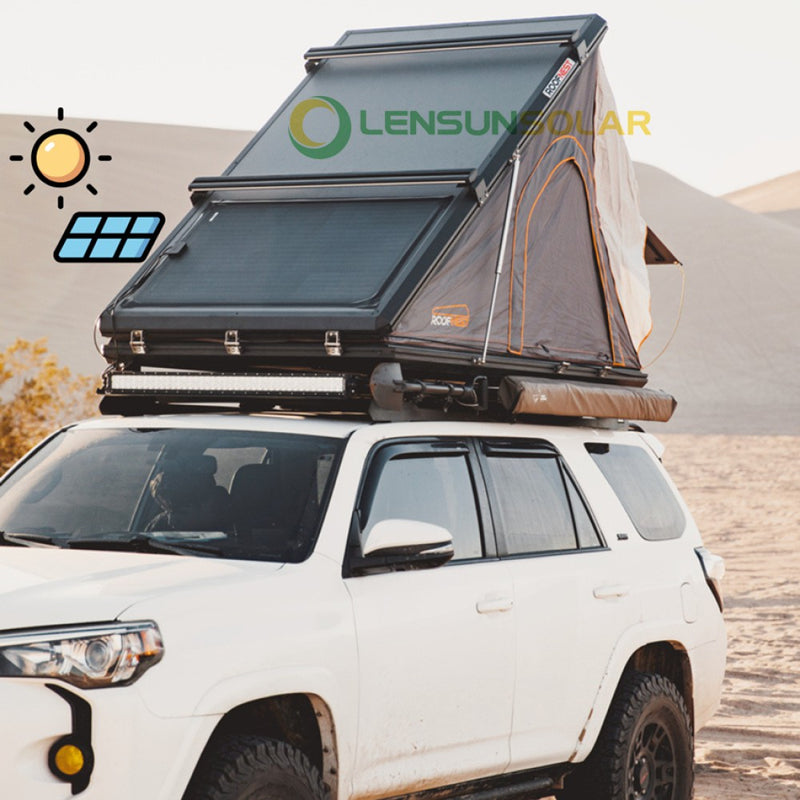 تحميل الصورة إلى عارض المعرض، LensunSolar 150W 12V Flexible Solar Panel Installed on Roof Tent