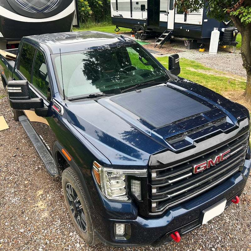 Load image into Gallery viewer, GMC-Sierra-2500HD-Lensun-110W-Hood-Flexible-Solar-Panel-2
